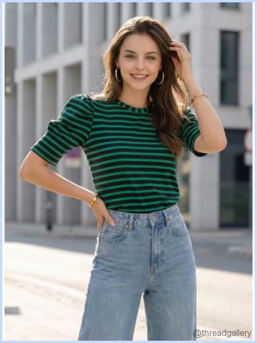 Womens Short Puff Sleeve Crew Neck Striped Tunic Tee Casual Summer Top - Picture 5 of 6